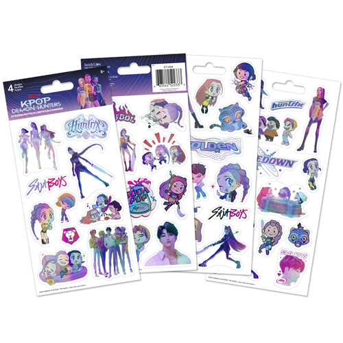 Netflix KPop Demon Hunters holographic 4-sheet sticker pack featuring shiny stickers of K-pop idols, demons, and band logos