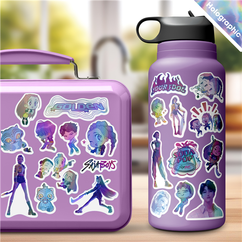 Netflix KPop Demon Hunters holographic 4-sheet sticker pack featuring shiny stickers of K-pop idols, demons, and band logos