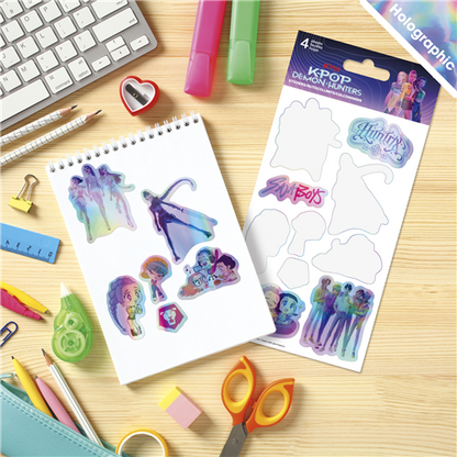Netflix KPop Demon Hunters holographic 4-sheet sticker pack featuring shiny stickers of K-pop idols, demons, and band logos