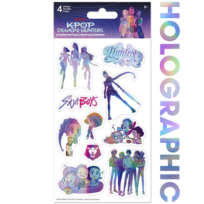 Netflix KPop Demon Hunters holographic 4-sheet sticker pack featuring shiny stickers of K-pop idols, demons, and band logos