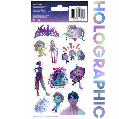 Netflix KPop Demon Hunters holographic 4-sheet sticker pack featuring shiny stickers of K-pop idols, demons, and band logos