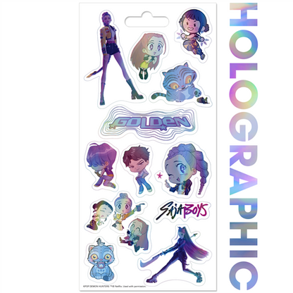 Netflix KPop Demon Hunters holographic 4-sheet sticker pack featuring shiny stickers of K-pop idols, demons, and band logos