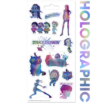 Netflix KPop Demon Hunters holographic 4-sheet sticker pack featuring shiny stickers of K-pop idols, demons, and band logos
