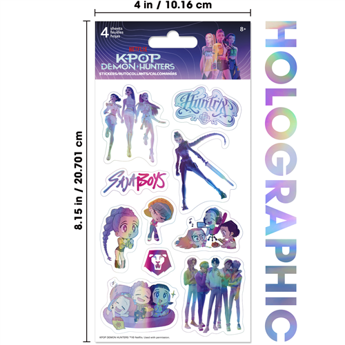 Netflix KPop Demon Hunters holographic 4-sheet sticker pack featuring shiny stickers of K-pop idols, demons, and band logos