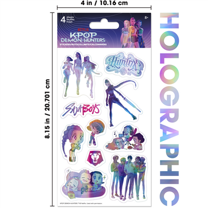 Netflix KPop Demon Hunters holographic 4-sheet sticker pack featuring shiny stickers of K-pop idols, demons, and band logos