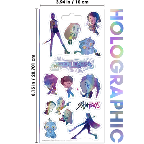 Netflix KPop Demon Hunters holographic 4-sheet sticker pack featuring shiny stickers of K-pop idols, demons, and band logos