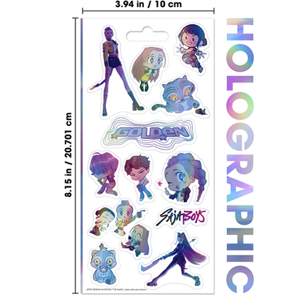 Netflix KPop Demon Hunters holographic 4-sheet sticker pack featuring shiny stickers of K-pop idols, demons, and band logos