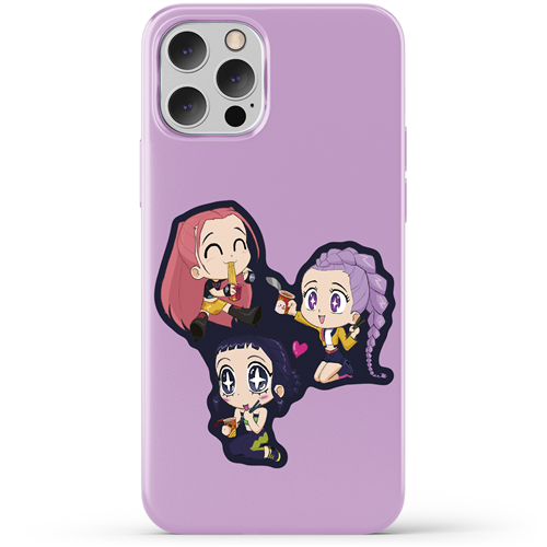 Phone case with cartoon characters on a purple background