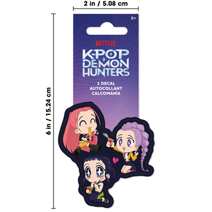 Decals of characters from 'K-Pop Demon Hunters' with Netflix branding on a purple card, showing dimensions.