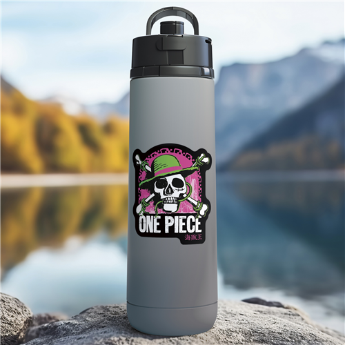 Gray water bottle with 'One Piece' design on a rock by a lake with mountains in the background