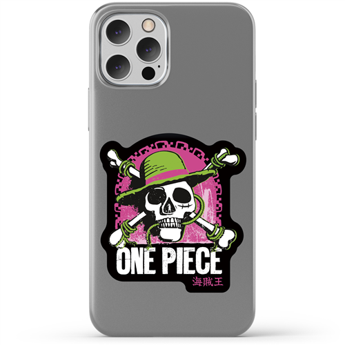 Phone case with One Piece logo on a gray background