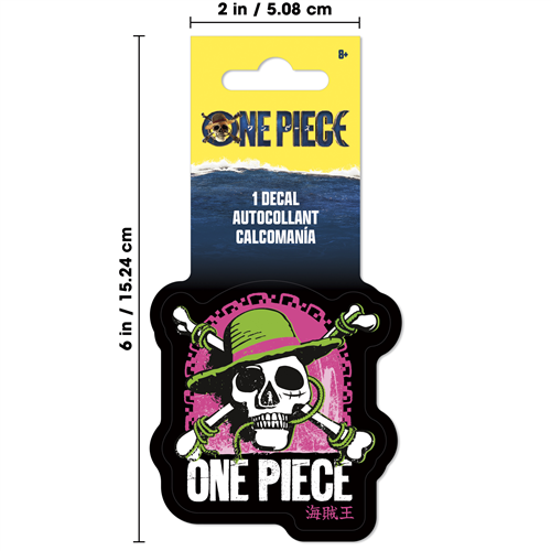 One Piece decal packaging with dimensions and character design.