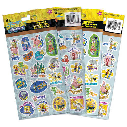 Four sheets of officially licensed SpongeBob SquarePants educational and reward stickers by Sandylion featuring motivational quotes.