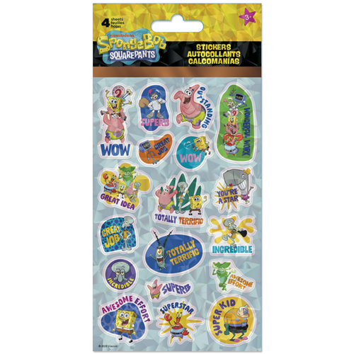 SpongeBob SquarePants stickers on a blue background with colorful graphics and text.