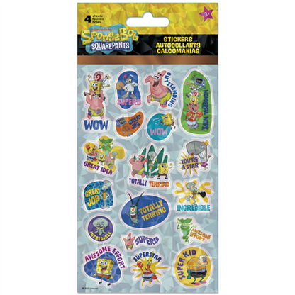 SpongeBob SquarePants stickers on a blue background with colorful graphics and text.