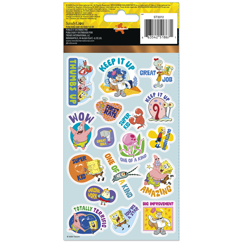 Sheet of SpongeBob SquarePants stickers with various phrases and characters on a blue background.