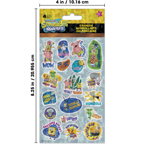 SpongeBob SquarePants stickers in a packaging with dimensions displayed