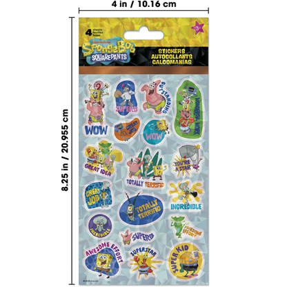 SpongeBob SquarePants stickers in a packaging with dimensions displayed