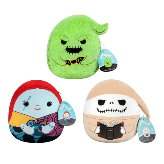 New 12" Halloween Squishmallows Nightmare Before Christmas. Group of Oogie Boogie with Bat, Sally with Potion, and Jack in Pajamas holding a book open. 