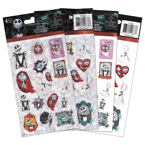 Four sheets of officially licensed Disney The Nightmare Before Christmas stickers by Sandylion featuring Jack Skellington and Sally.
