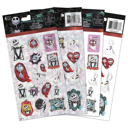 Four sheets of officially licensed Disney The Nightmare Before Christmas stickers by Sandylion featuring Jack Skellington and Sally.