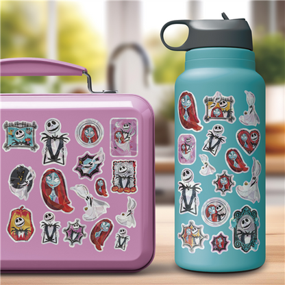 Pink lunch box and blue water bottle with cartoon character stickers on a blurred outdoor background