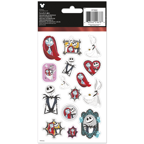 Packaged stickers featuring characters from 'The Nightmare Before Christmas' on a white background.