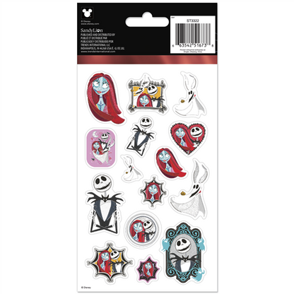 Packaged stickers featuring characters from 'The Nightmare Before Christmas' on a white background.