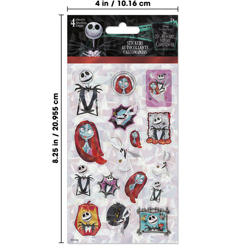 Packaged stickers featuring characters from 'The Nightmare Before Christmas' with dimensions displayed.