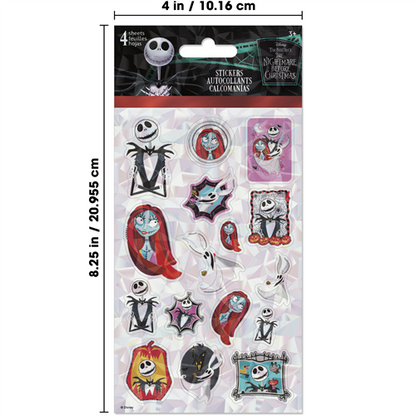 Packaged stickers featuring characters from 'The Nightmare Before Christmas' with dimensions displayed.