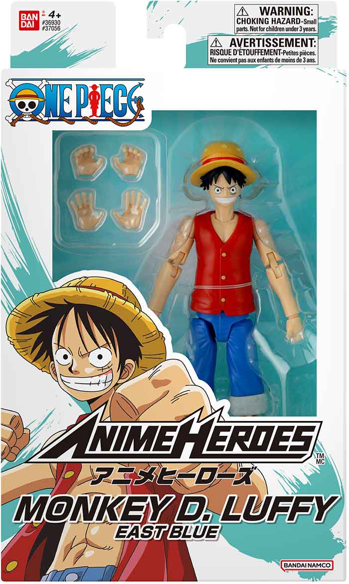 Action figure packaging of Monkey D. Luffy from One Piece with Anime Heroes branding.