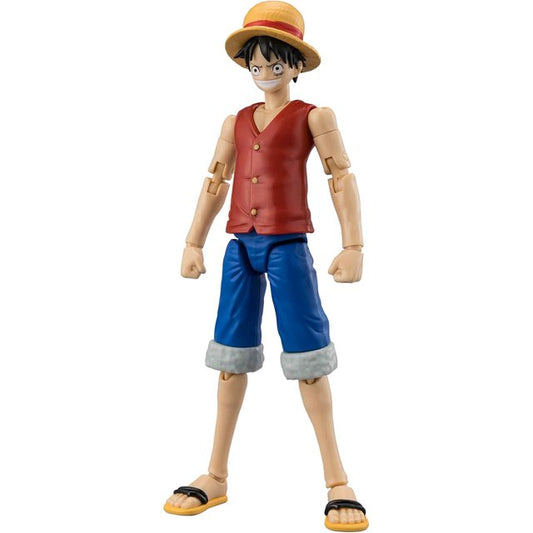 A plastic action figure of the anime character Luffy from One Piece, standing on a plain white background. He is wearing his signature straw hat, red vest, blue shorts, and black sandals.