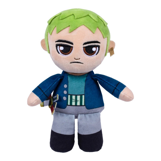 One Piece Netflix Zoro plush toy featuring his signature green hair, blue jacket, and swords