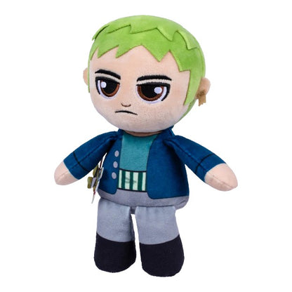 One Piece Netflix Zoro plush toy featuring his signature green hair, blue jacket, and swords