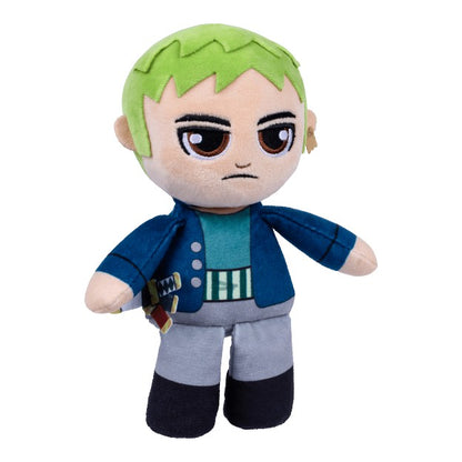 One Piece Netflix Zoro plush toy featuring his signature green hair, blue jacket, and swords