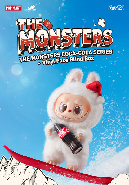 Promotional image for 'The Monsters' Coca-Cola series vinyl face blind box with a character holding a Coca-Cola bottle against a blue sky background.
