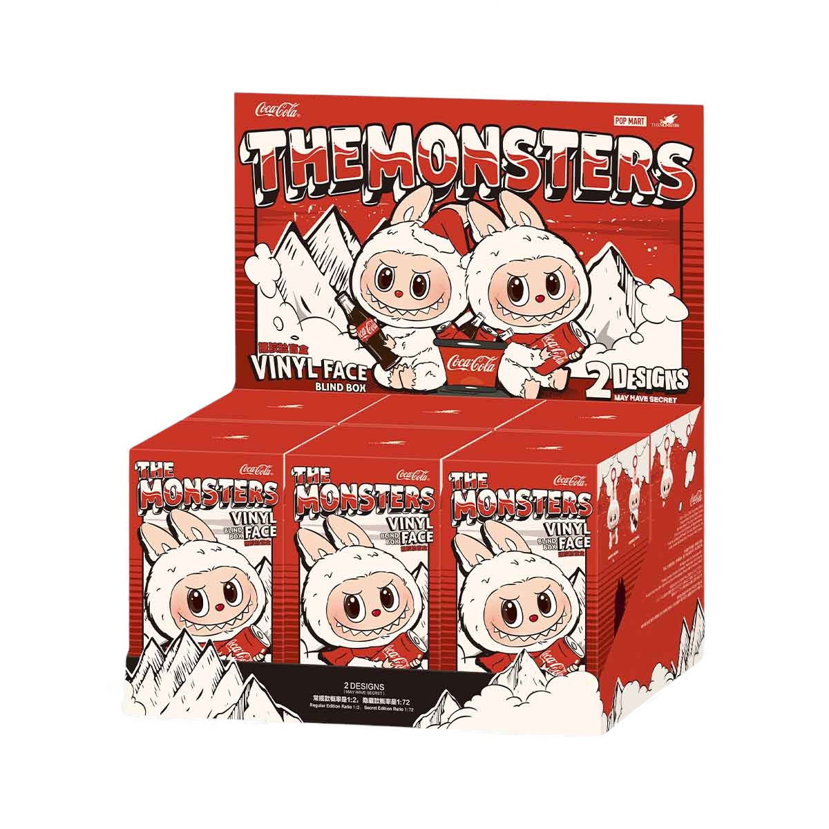 Box of 'The Monsters' vinyl face blind boxes with Coca-Cola branding on a white background.