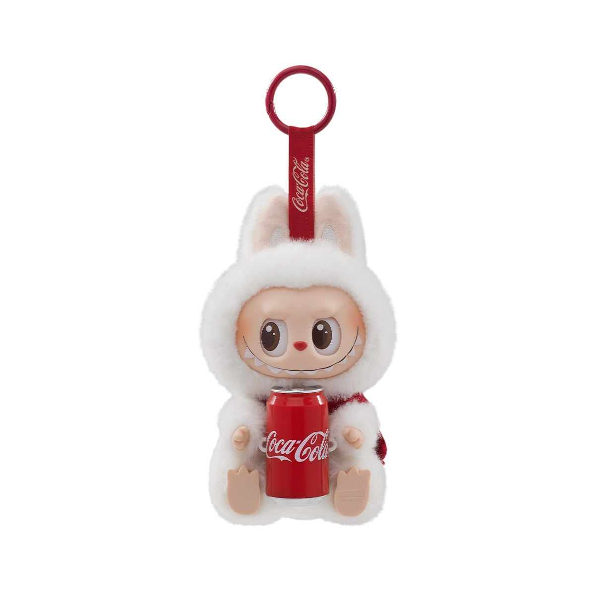 Labubu the Monsters holding a Coca-Cola can with a red strap on a white background