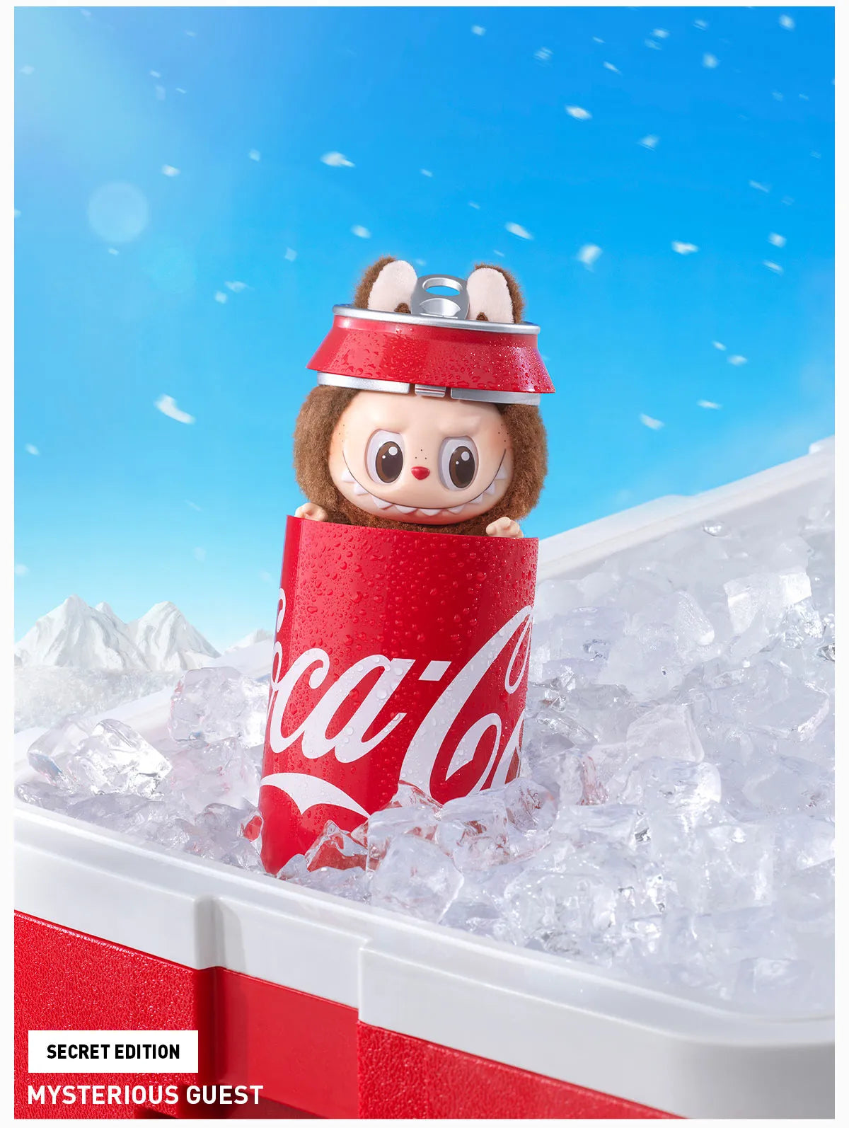 Coca-Cola themed Labubu The Monsters Plush Pendant in a can on ice with a blue sky background