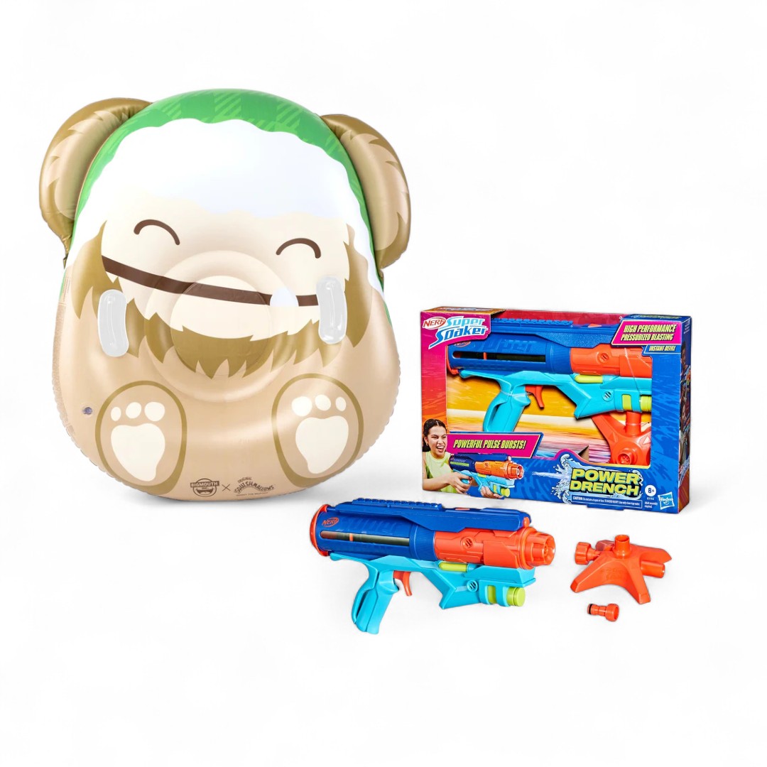 Squishmallows Benny the Bigfoot Snow Tube and a water gun next to its packaging on a white background