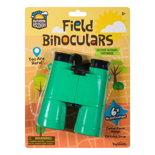 Green field binoculars in packaging with 'Outdoor Discovery' branding on a yellow background