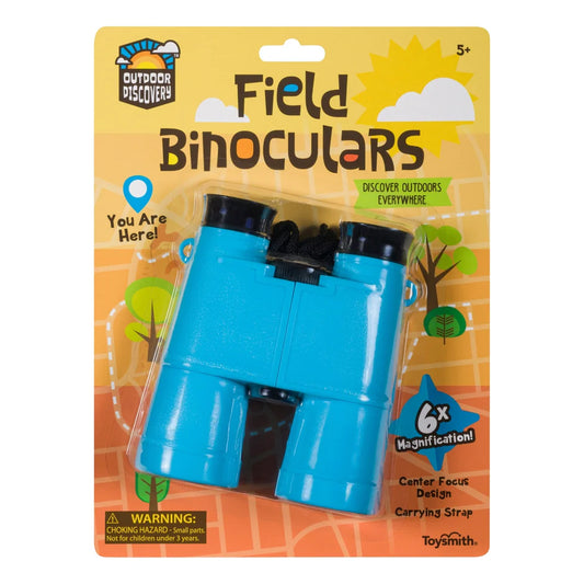 Packaged blue field binoculars with 'Outdoor Discovery' branding on a yellow background
