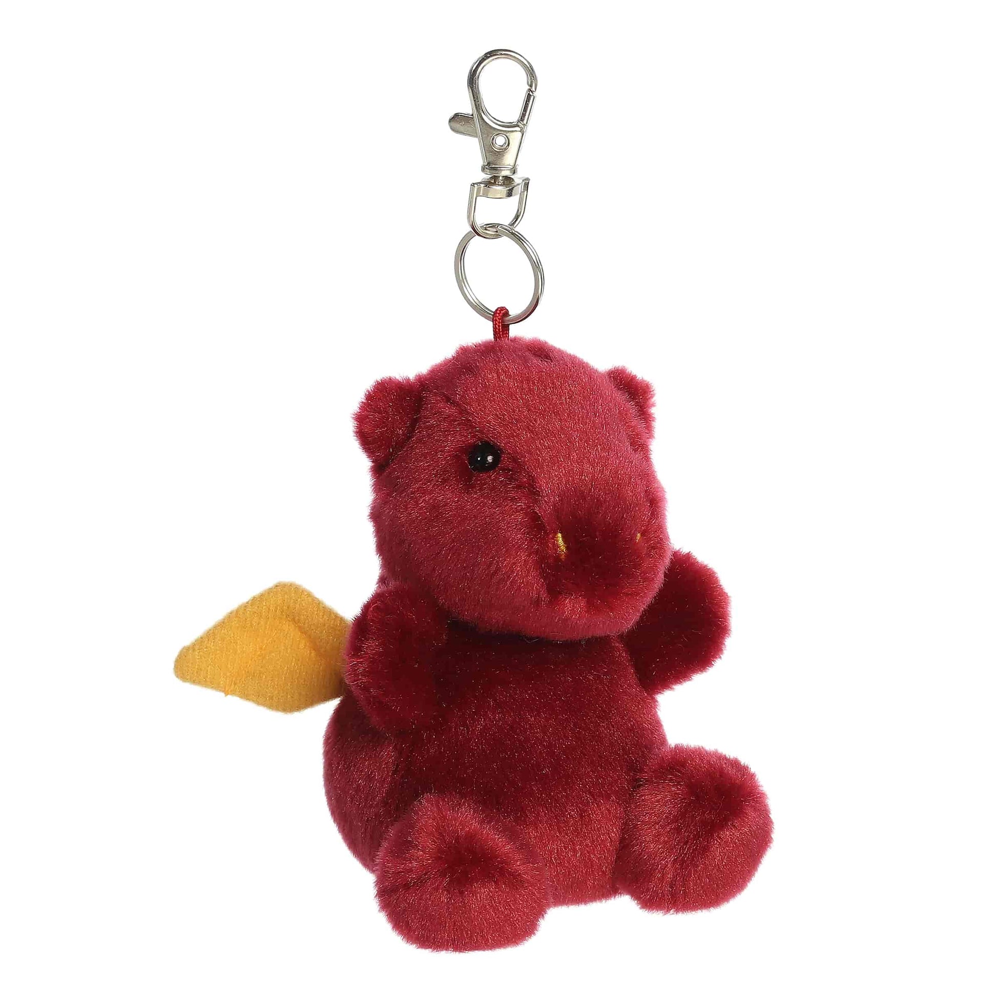 Palm Pals Aidan Dragon 4-inch clip-on plush soft toy, a deep red dragon with golden wings attached to a clip.