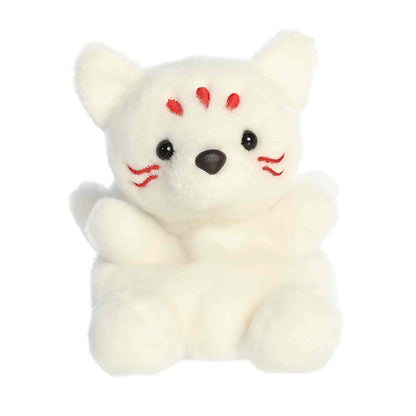 Palm Pals Akari Kitsune 5-inch plush soft toy, a white multi-tailed fox with crimson red markings and a mischievous expression.