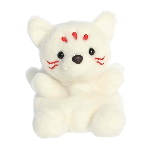Palm Pals Akari Kitsune 5-inch plush soft toy, a white multi-tailed fox with crimson red markings and a mischievous expression.