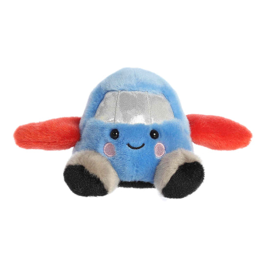 A product photo of the Palm Pals Amelia Jet 5-Inch Plush, a blue stuffed airplane with red wings and a silver windshield, sitting on a white background.
