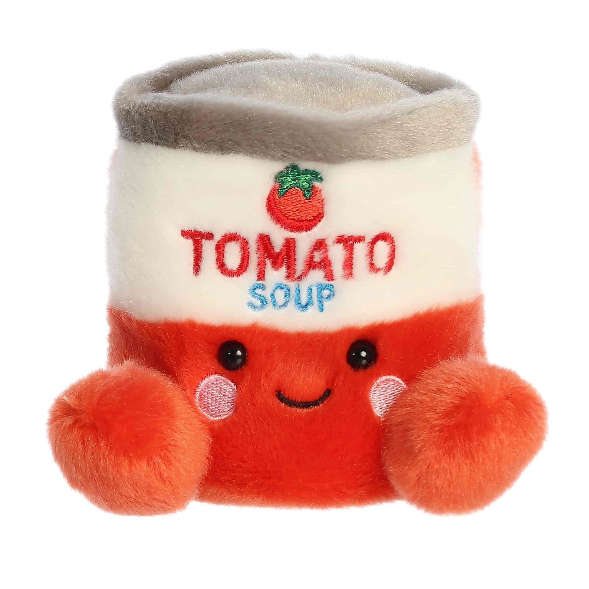 Palm Pals Andy Tomato Soup Can 5-inch plush soft toy, a red and white soup can with a happy face.