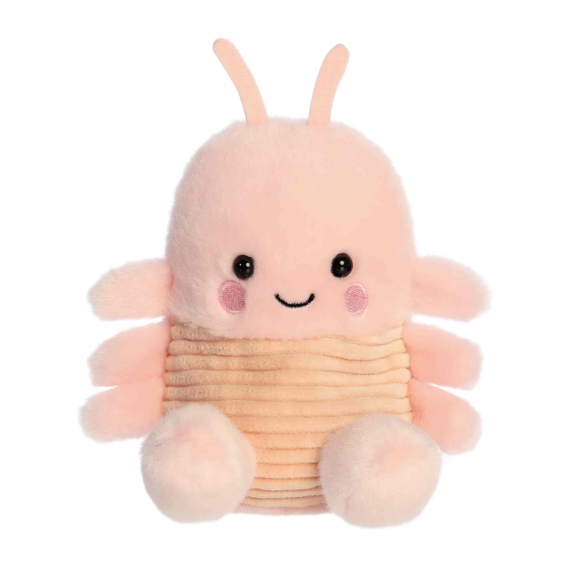 Palm Pals Augustin Shrimp 5-inch plush soft toy, a coral pink shrimp with a ribbed belly and tiny antennae.