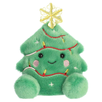 Palm Pals Balsam Christmas Tree 4-inch green plush featuring a yellow embroidered snowflake topper and red string lights.