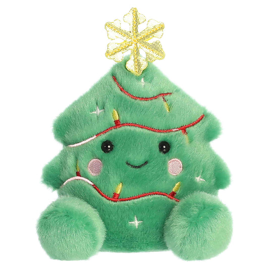 Palm Pals Balsam Christmas Tree 4-inch green plush featuring a yellow embroidered snowflake topper and red string lights.